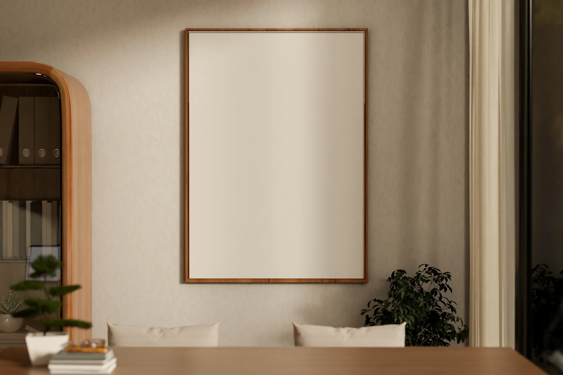 Warm studio workspace with wooden table, chairs, and soft ceiling light
